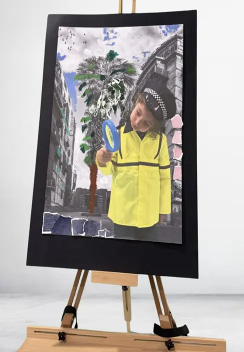 Sherborne School Jeddah student painting of child in a police uniform holding a magnifying glass.